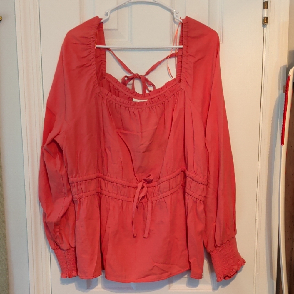 Ava & Viv Coral Peasant Blouse with Waist Tie Sz 1X NWT